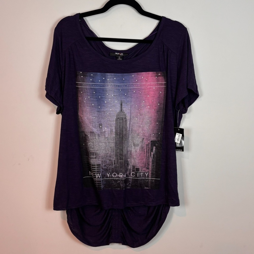 Style & Co. NYC Empire State Building print Purple Tee Womens 2X NWT rhinestone